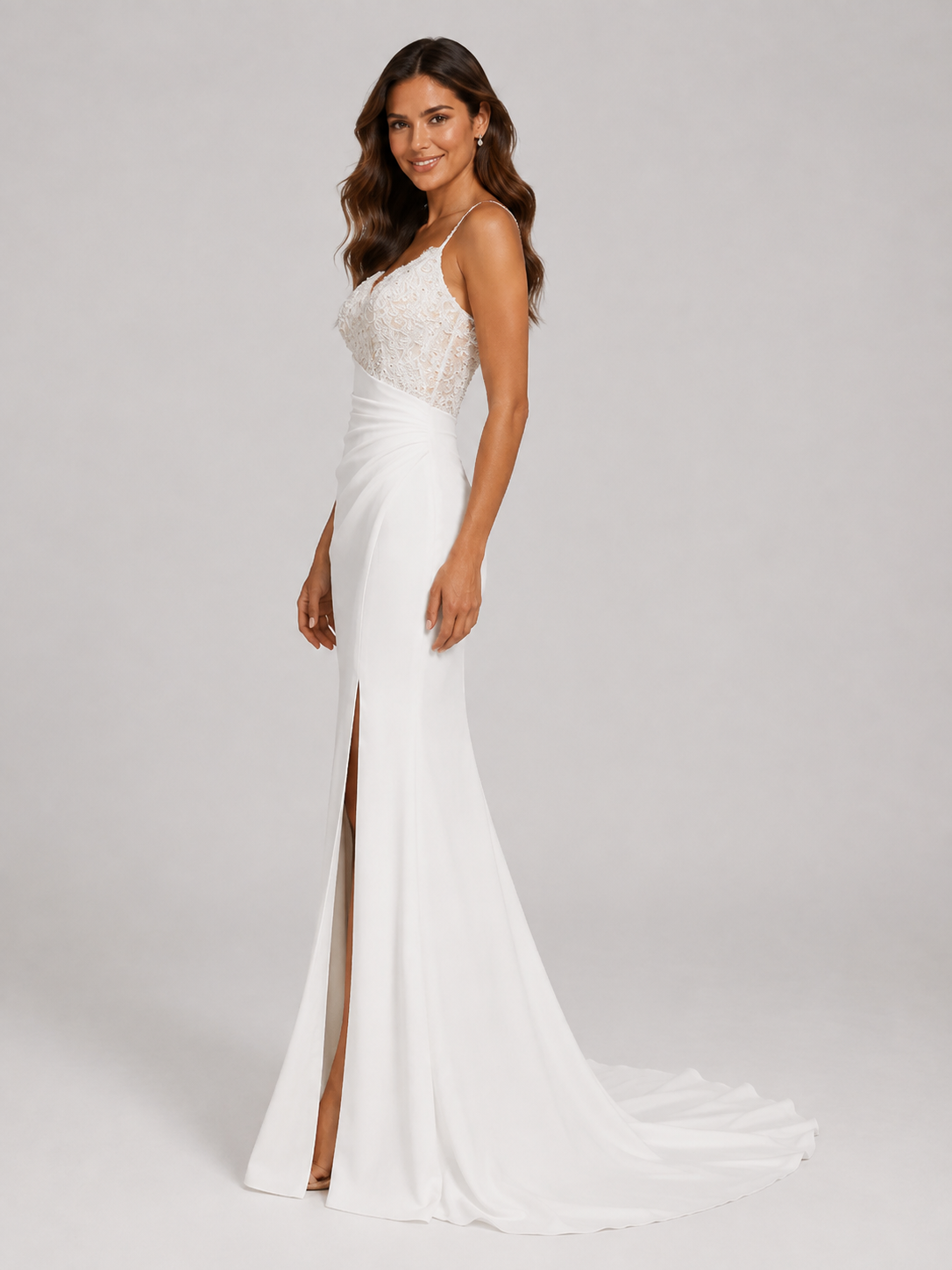 Elegant Lace Bodice Satin Mermaid Wedding Dress with High Slit and Chapel Train