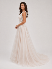 Elegant Illusion V-Neck Lace Applique A-Line Wedding Dress with Chapel Train