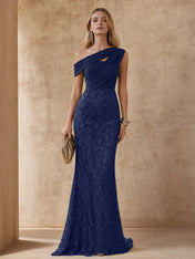 One-Shoulder Olive Green Beaded Lace Evening Dresses with Draped Bodice and Trumpet Skirt