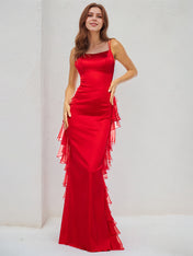 Red Satin Spaghetti Straps Sleeveless Floor Length Dress With Ruffles