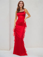 Red Satin Spaghetti Straps Sleeveless Floor Length Dress With Ruffles