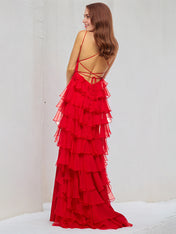 Red Satin Spaghetti Straps Sleeveless Floor Length Dress With Ruffles