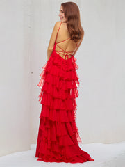 Red Satin Spaghetti Straps Sleeveless Floor Length Dress With Ruffles