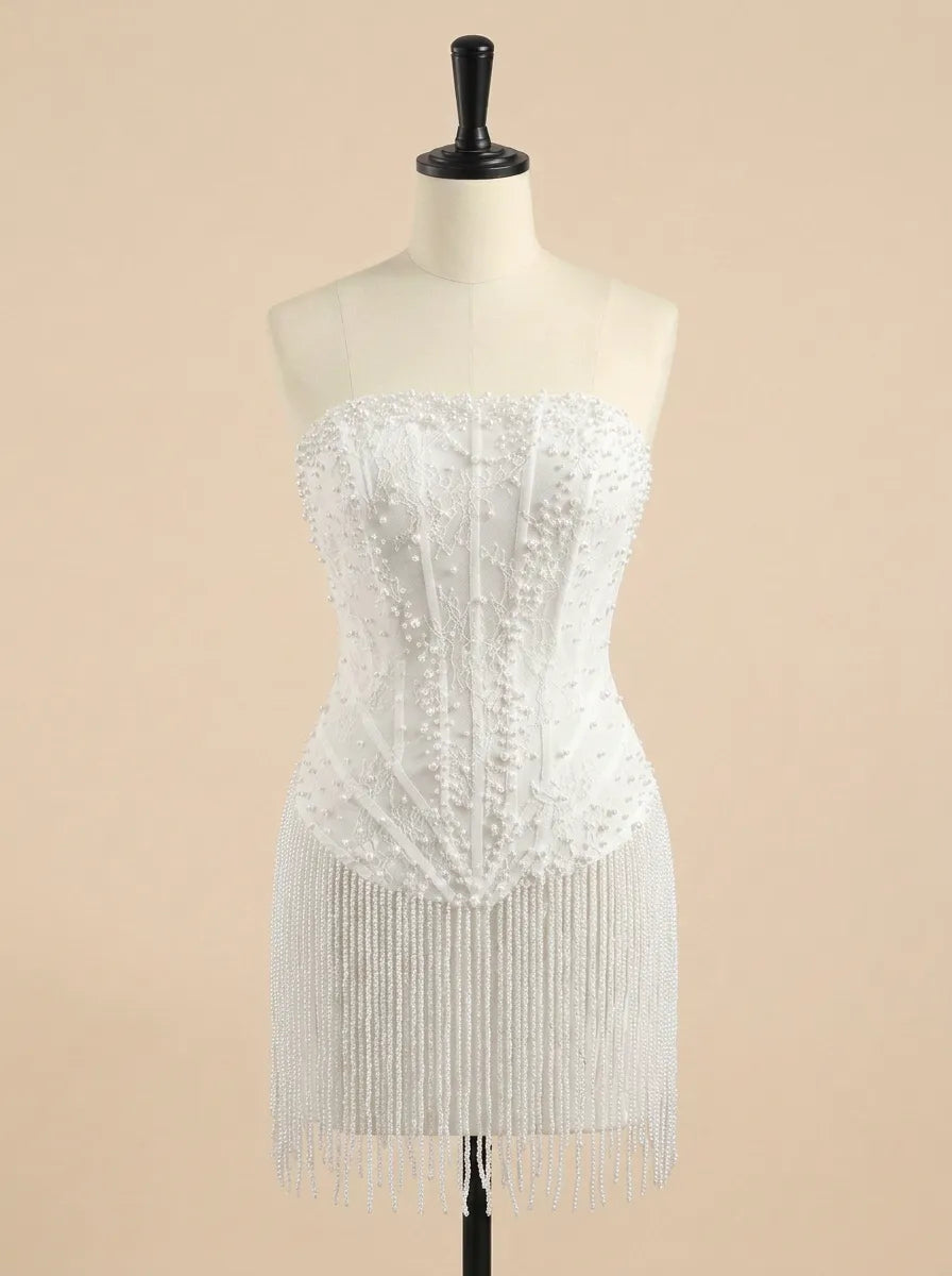 White Beaded Corset Fringe Hem Short Homecoming Dress