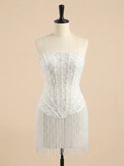 White Beaded Corset Fringe Hem Short Homecoming Dress