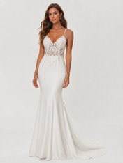 Elegant Beaded Lace Applique Satin Sheath Wedding Dress with Sweep Train