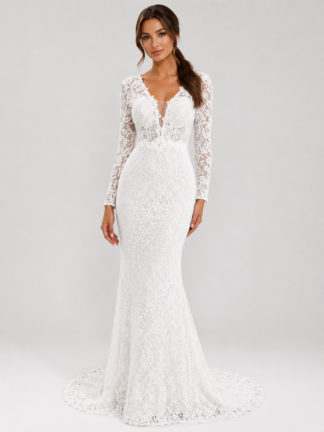 Elegant Long-Sleeve Illusion V-Neck Lace Mermaid Wedding Dress with Sweep Train