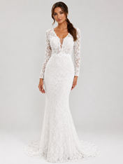 Elegant Long-Sleeve Illusion V-Neck Lace Mermaid Wedding Dress with Sweep Train