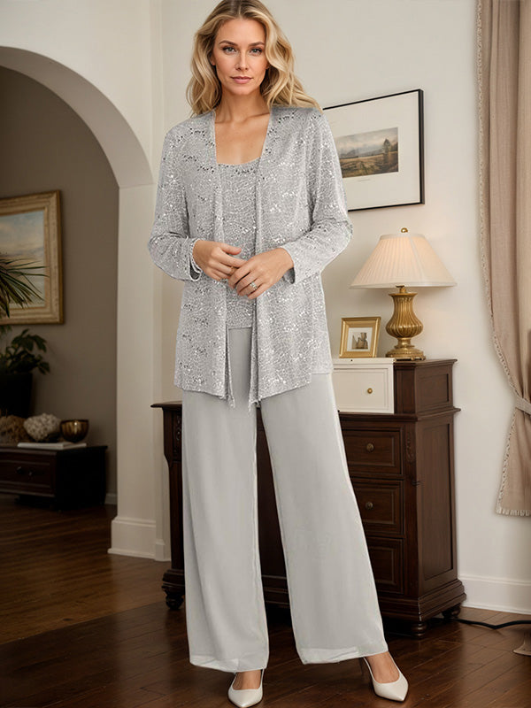 Chiffon Mother of the Bride Pantsuits with Jacket & Sequins
