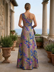 One-Shoulder Abstract Metallic Brocade Cascading Mother of the Bride Dress