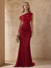 One-Shoulder Olive Green Beaded Lace Evening Dresses with Draped Bodice and Trumpet Skirt