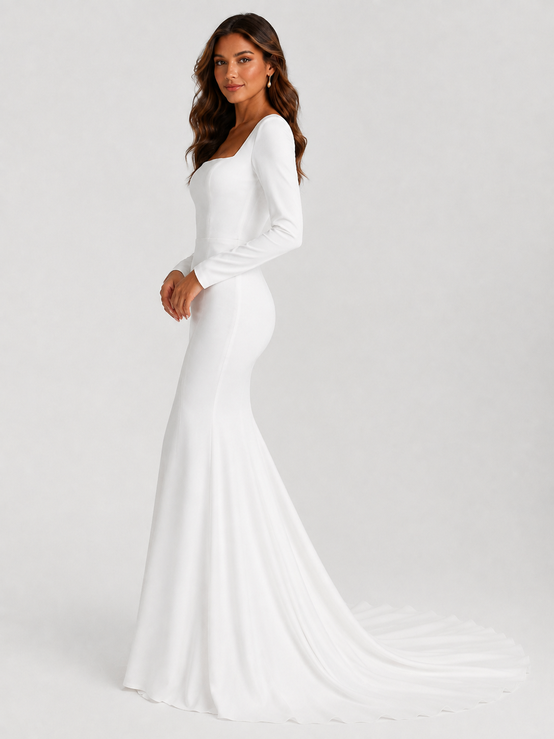 Elegant Long-Sleeve Square-Neck Open-Back Satin Mermaid Wedding Dress with Chapel Train