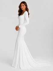Elegant Long-Sleeve Square-Neck Open-Back Satin Mermaid Wedding Dress with Chapel Train