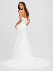 Elegant Strapless Ruched Satin Sheath Wedding Dress with High Slit and Chapel Train
