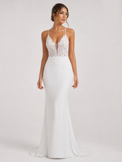 Elegant Spaghetti Strap Lace Applique Crepe Mermaid Wedding Dress with Chapel Train