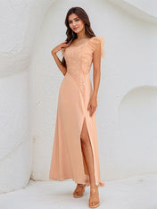 A Line Salmon Chiffon One Shoulder Sleeveless Ankle Length Dress With High Slit