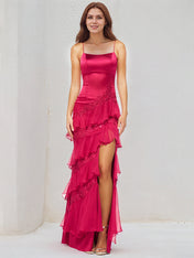Hot Pink Satin Spaghetti Straps Sleeveless Floor Length Dress With High Slit