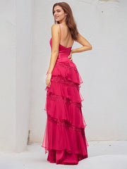 Hot Pink Satin Spaghetti Straps Sleeveless Floor Length Dress With High Slit