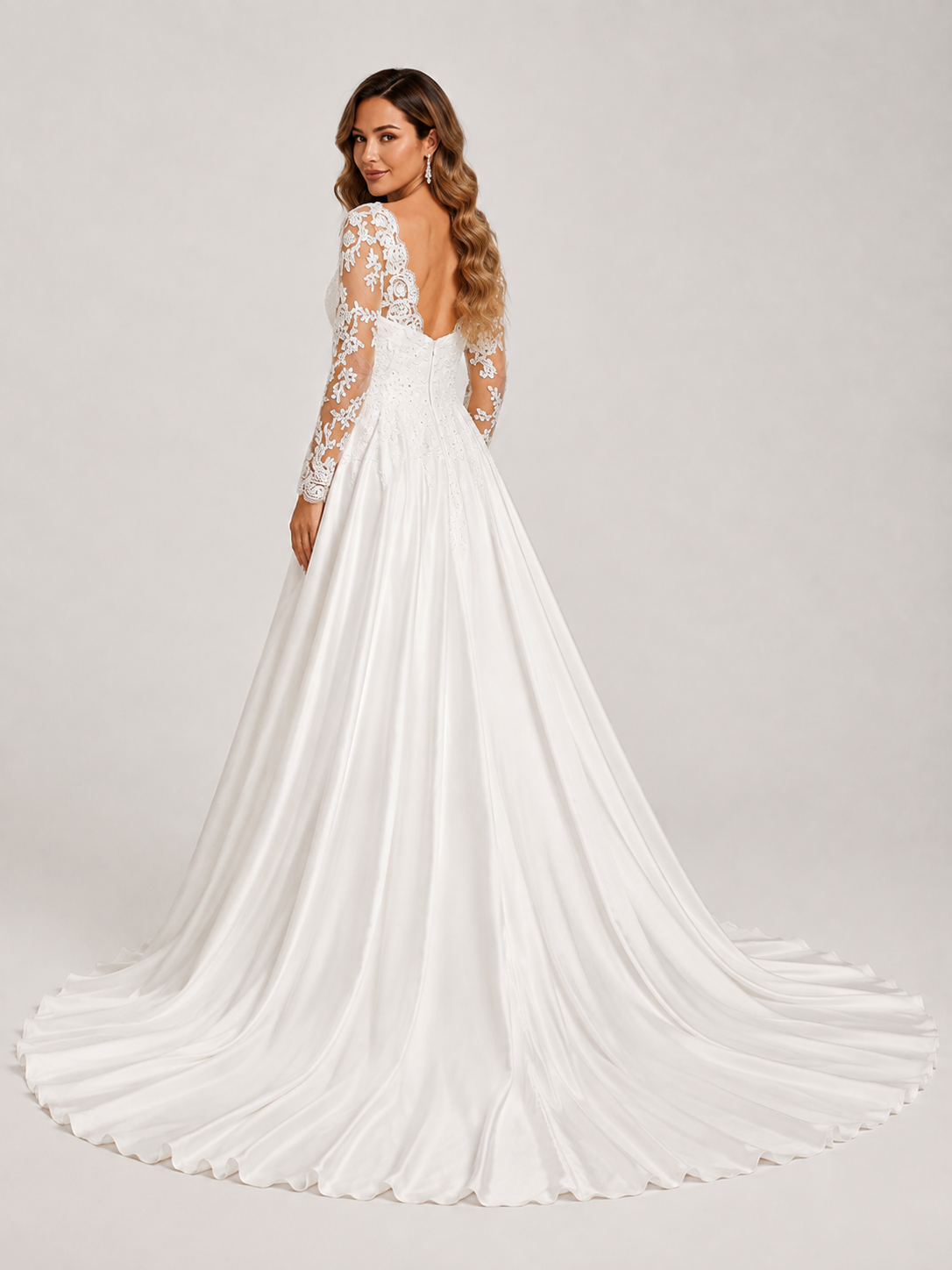 Elegant Illusion Long Sleeve Satin A-Line Wedding Dress with Chapel Train