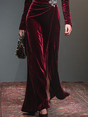 Retro-style Lapel Pleated Velvet Maxi Dress