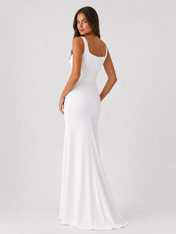 Elegant Square Neck Satin Sheath Wedding Dress with Sweep Train