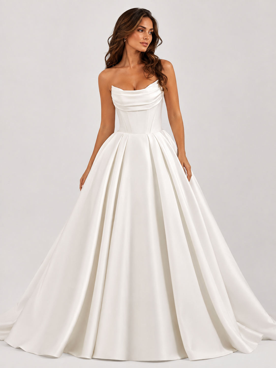 Elegant Strapless Draped Satin A-Line Wedding Dress with Lace-Up Back and Chapel Train
