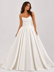 Elegant Strapless Draped Satin A-Line Wedding Dress with Lace-Up Back and Chapel Train