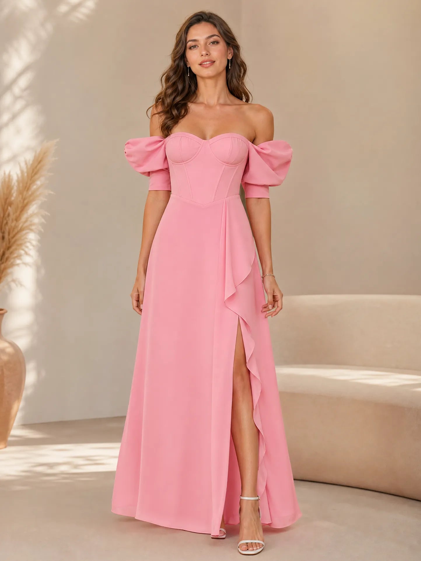 Off-the-Shoulder Corset Slit Column Gown Bridesmaid Dress