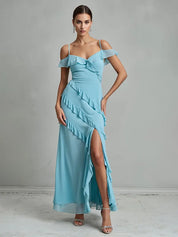 Party Dress  Light Blue  V-Neck Slit Irregular Ruffles