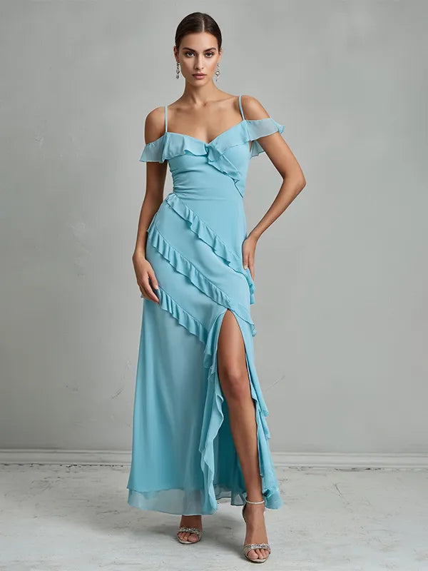 Party Dress  Light Blue  V-Neck Slit Irregular Ruffles