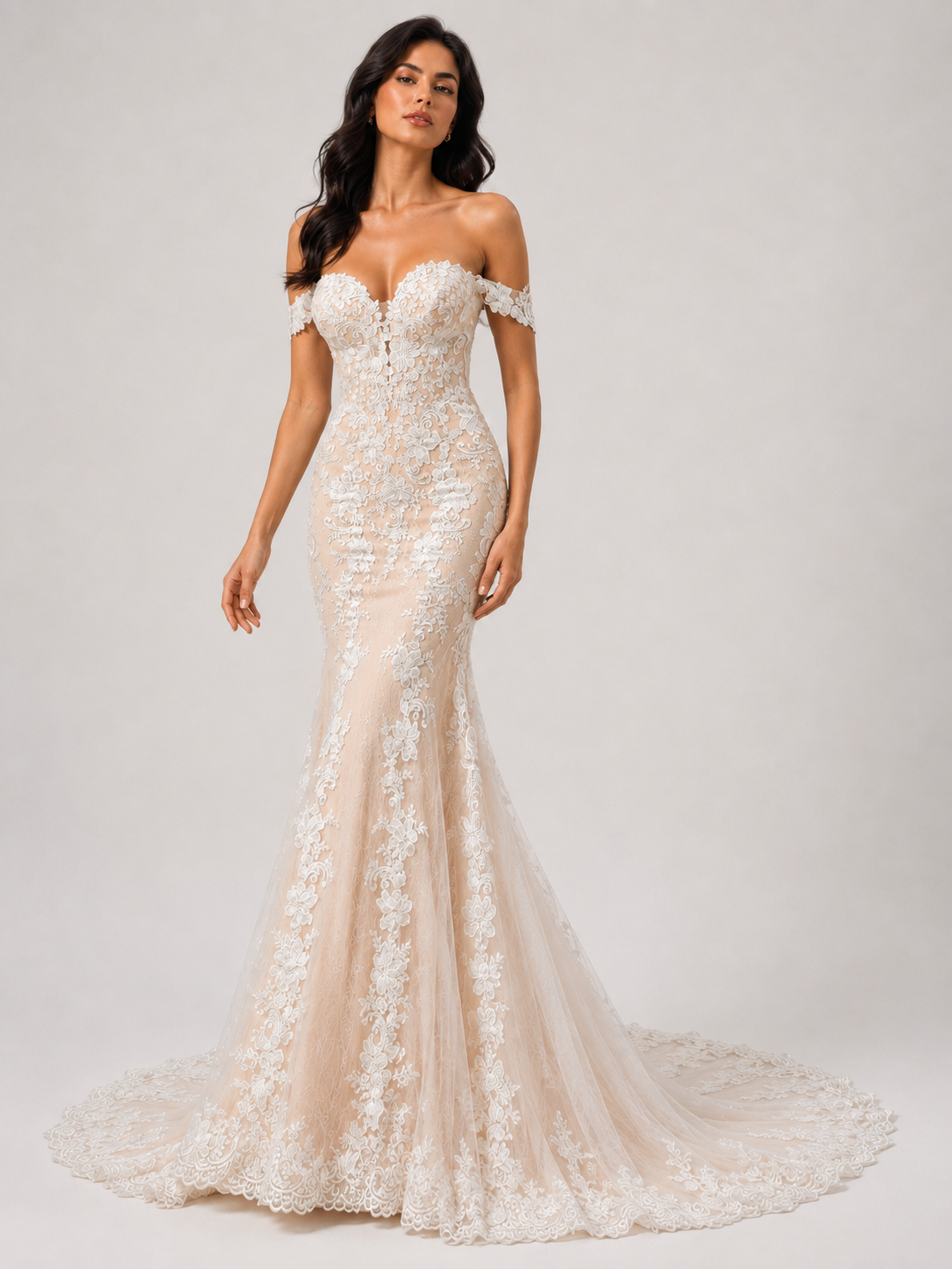 Elegant Off-the-Shoulder Lace Applique Mermaid Wedding Dress with Chapel Train