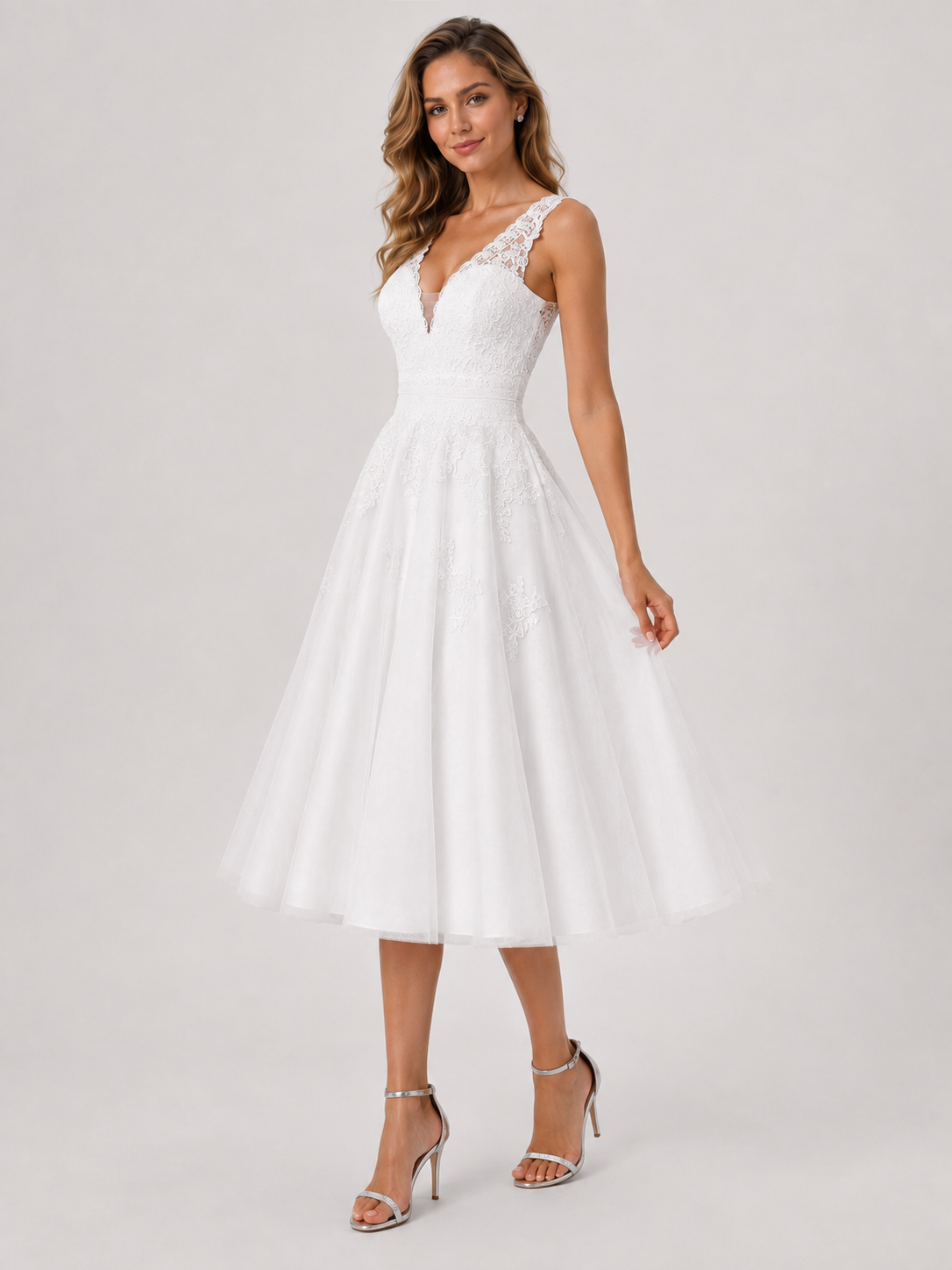 Elegant V-Neck Lace Appliqued Midi A-Line Wedding Dress