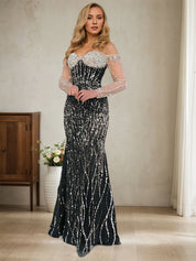 Sparkly Champagne Mermaid Off the Shoulder Long Prom Dress With Corset