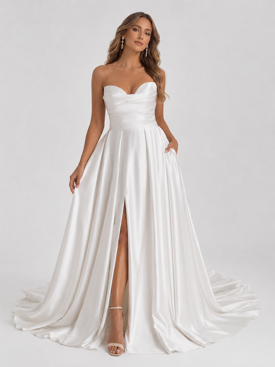 Elegant Strapless Ruched Satin A-Line Wedding Dress with High Slit and Chapel Train