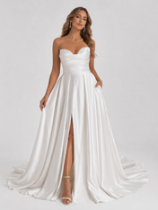Elegant Strapless Ruched Satin A-Line Wedding Dress with High Slit and Chapel Train