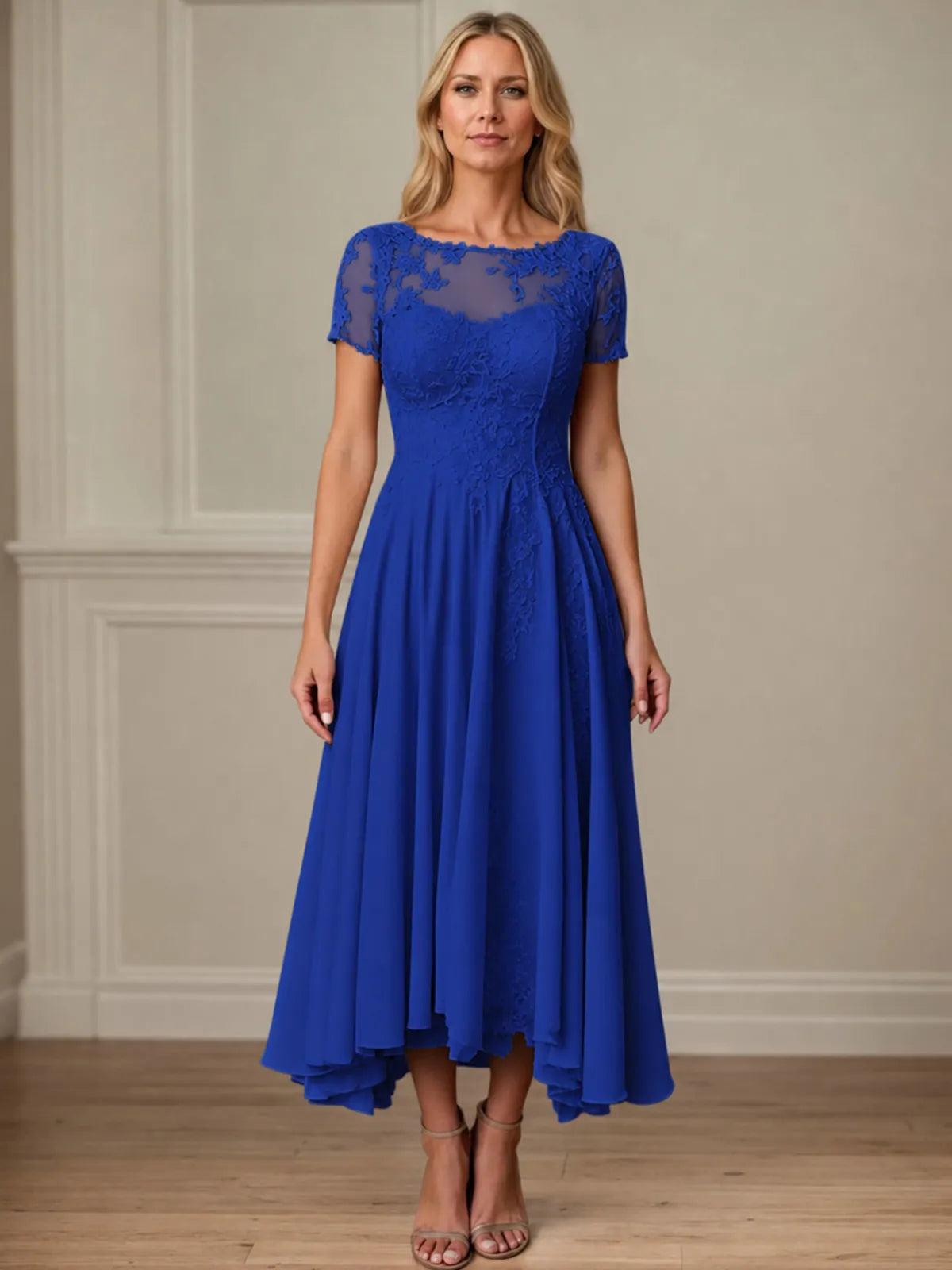 A Line Scoop Neck Short Sleeve Chiffon Mother of the Bride Dress