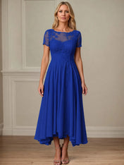 A Line Scoop Neck Short Sleeve Chiffon Mother of the Bride Dress