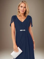 Dark Navy Sheath/Column Chiffon V Neck Short Sleeve Floor Length Dress