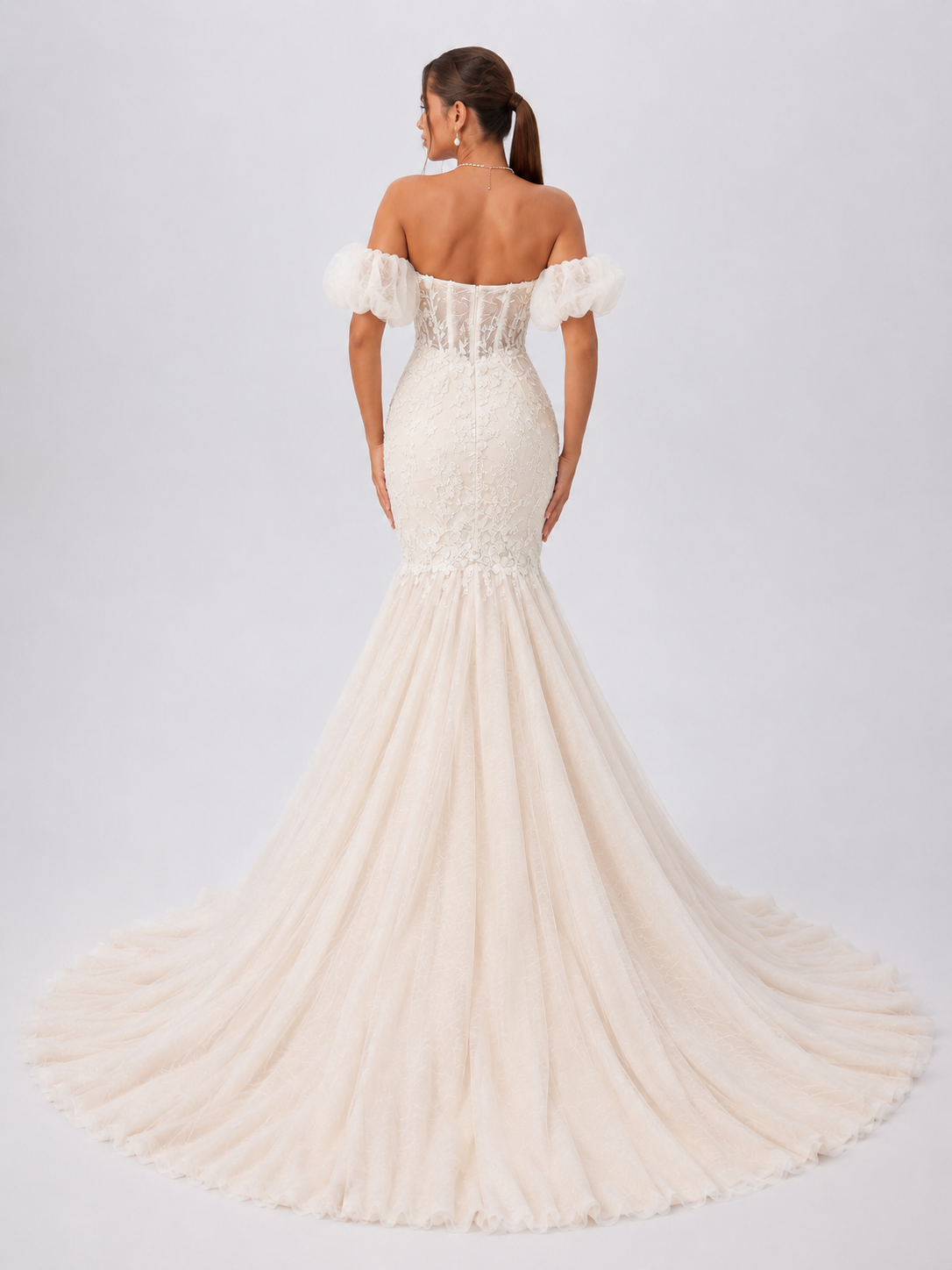 Elegant Off-the-Shoulder Detachable Puff Sleeve Lace Mermaid Wedding Dress with Chapel Train