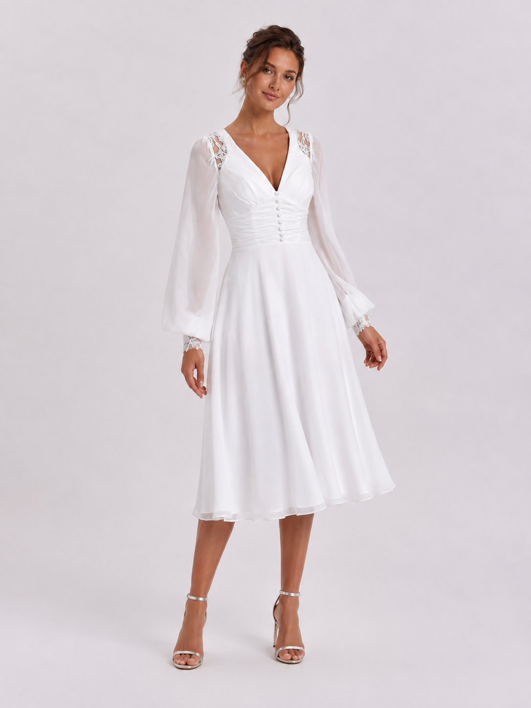 Elegant Long Bishop Sleeve V-Neck Chiffon A-Line Midi Wedding Dress