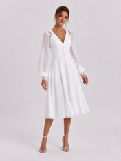 Elegant Long Bishop Sleeve V-Neck Chiffon A-Line Midi Wedding Dress