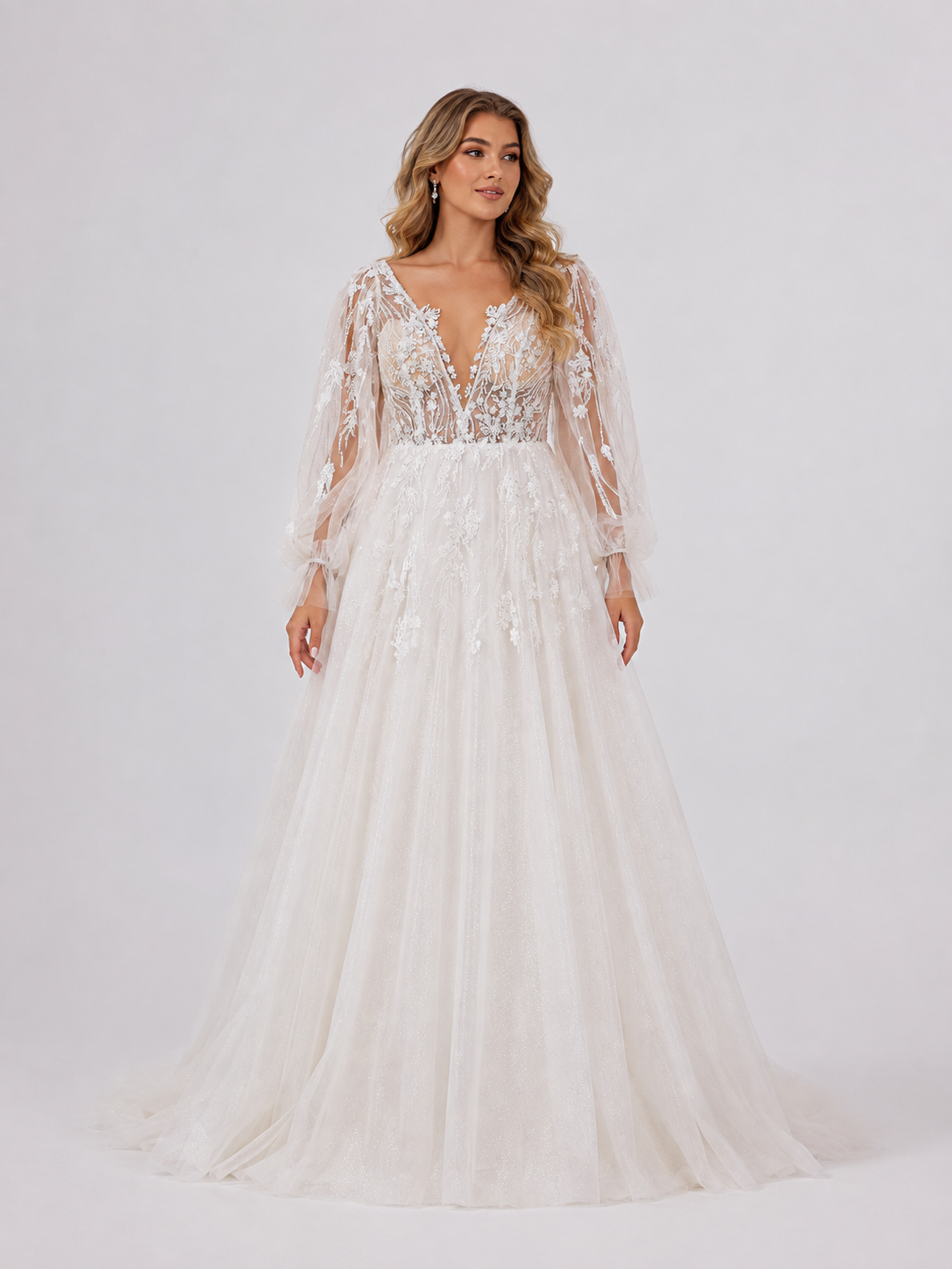 Elegant Long Sleeve Deep V-Neck Lace Tulle A-Line Wedding Dress with Chapel Train