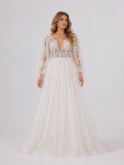 Elegant Long Sleeve Deep V-Neck Lace Tulle A-Line Wedding Dress with Chapel Train