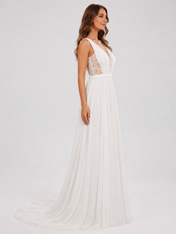 Elegant Plunging V-Neck Lace Bodice Chiffon A-Line Wedding Dress with Chapel Train