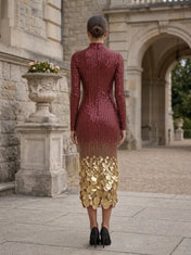 Mock Neck Ombré Sequin and Coin-Embellished Evening Dress