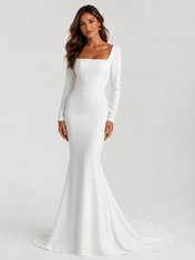 Elegant Long-Sleeve Square-Neck Open-Back Satin Mermaid Wedding Dress with Chapel Train