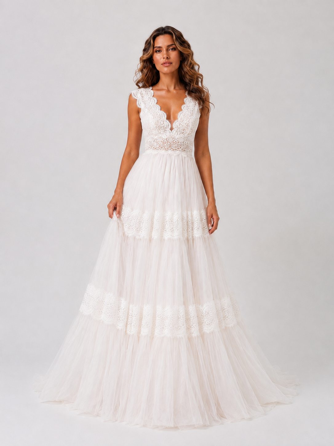 Elegant Lace Tiered Tulle A-Line Wedding Dress with Sweep Train