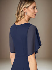 Dark Navy Sheath/Column Chiffon V Neck Floor Length Dress With Flutter Sleeves