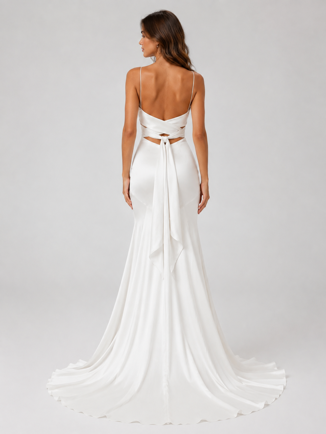 Elegant Square Neck Ruched Satin Sheath Wedding Dress with High Slit and Sweep Train