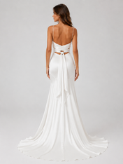 Elegant Square Neck Ruched Satin Sheath Wedding Dress with High Slit and Sweep Train